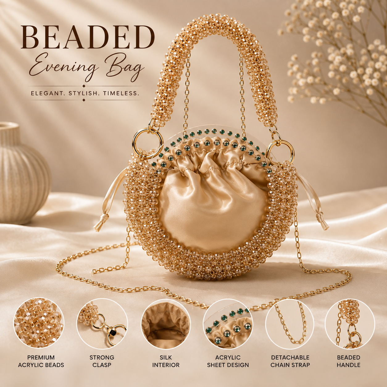 Golden Pearl Acrylic – Handmade Crystal Beaded Evening Bag 08