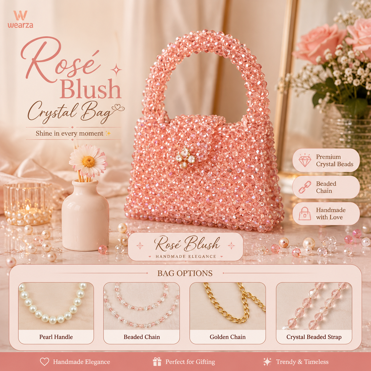 A pink crystal-embellished handbag with a pearl handle and floral charm, displayed in a styled boutique setting with decorative beads, flowers, and promotional text overlays.