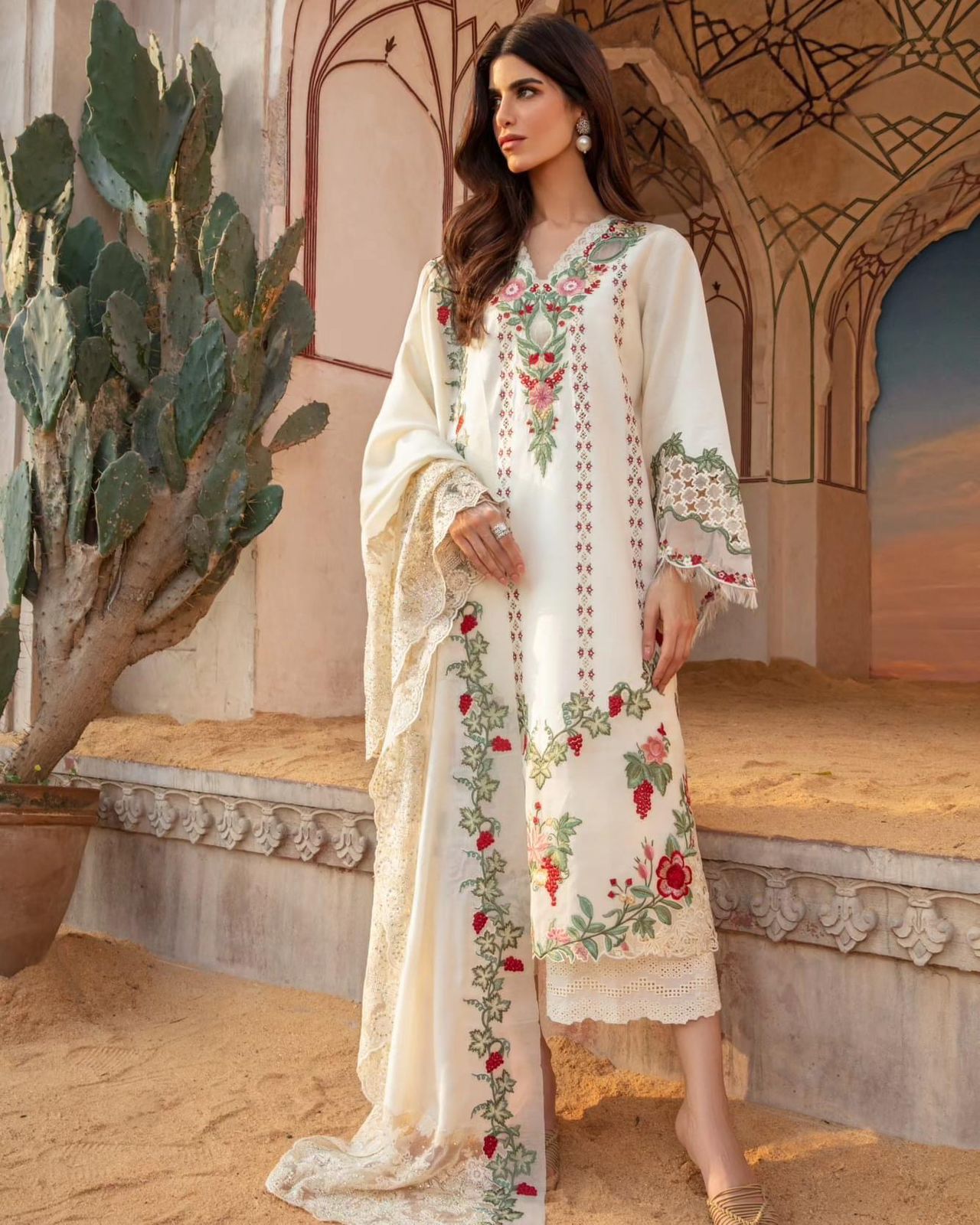 Crimson Premium Lawn Cutwork Dress With Chiffon Duppata 2024 – Wearza