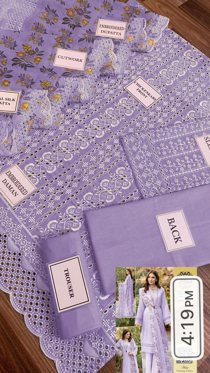WEARZA PREMIUM PURE LAWN FULLY CHIKANKARI WITH DIGITAL SILK DUPPATA 2024 - Wearza