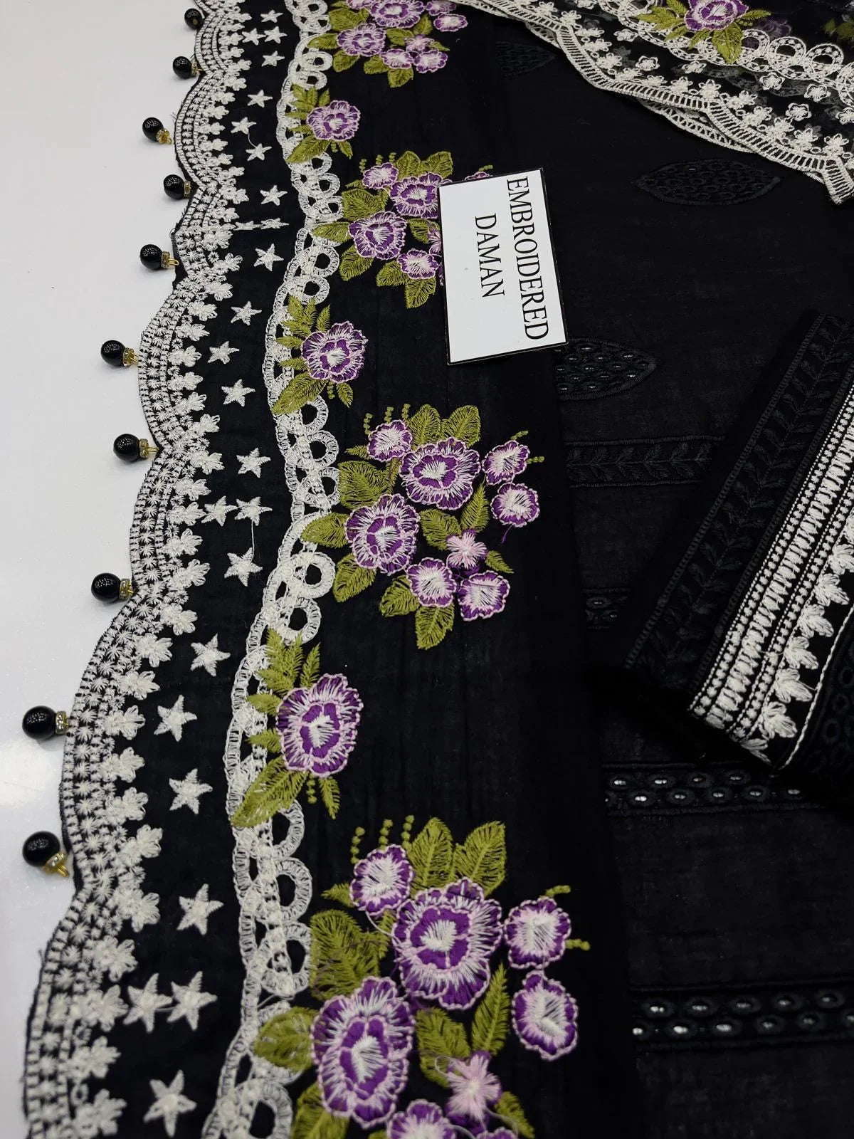 ZARQASH MOST BEAUTIFUL BLACK BEAUTY CHIKEN KARI WITH SEMI PURE CHIFFON DUPPATA EXCLUSIVE DRESS 2024 - Wearza