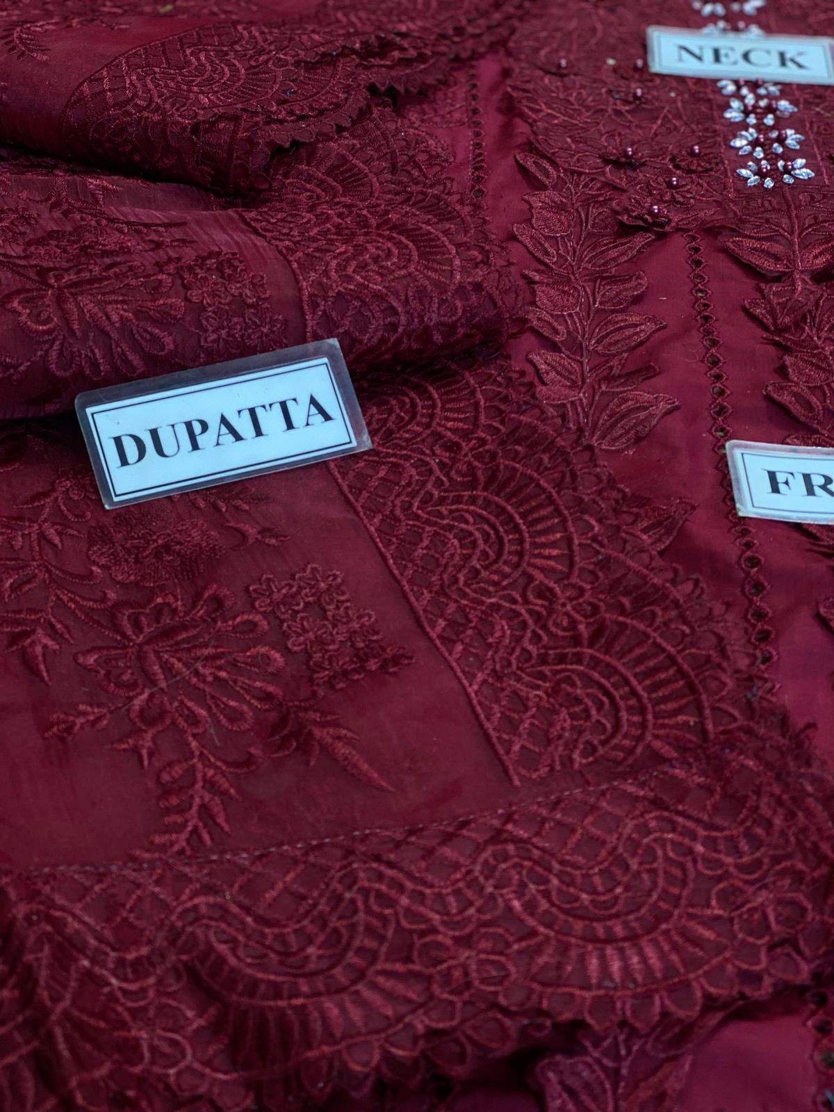 MARIA B NEW MEHROON 3D WORK LUXURY PREMIUM PURE CHIKANKARI LAWN WITH PURE ORGANZA DUPPATA 2024 - Wearza