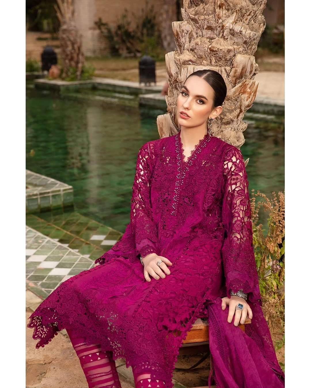 MARIA B NEW MEHROON 3D WORK LUXURY PREMIUM PURE CHIKANKARI LAWN WITH PURE ORGANZA DUPPATA 2024 - Wearza
