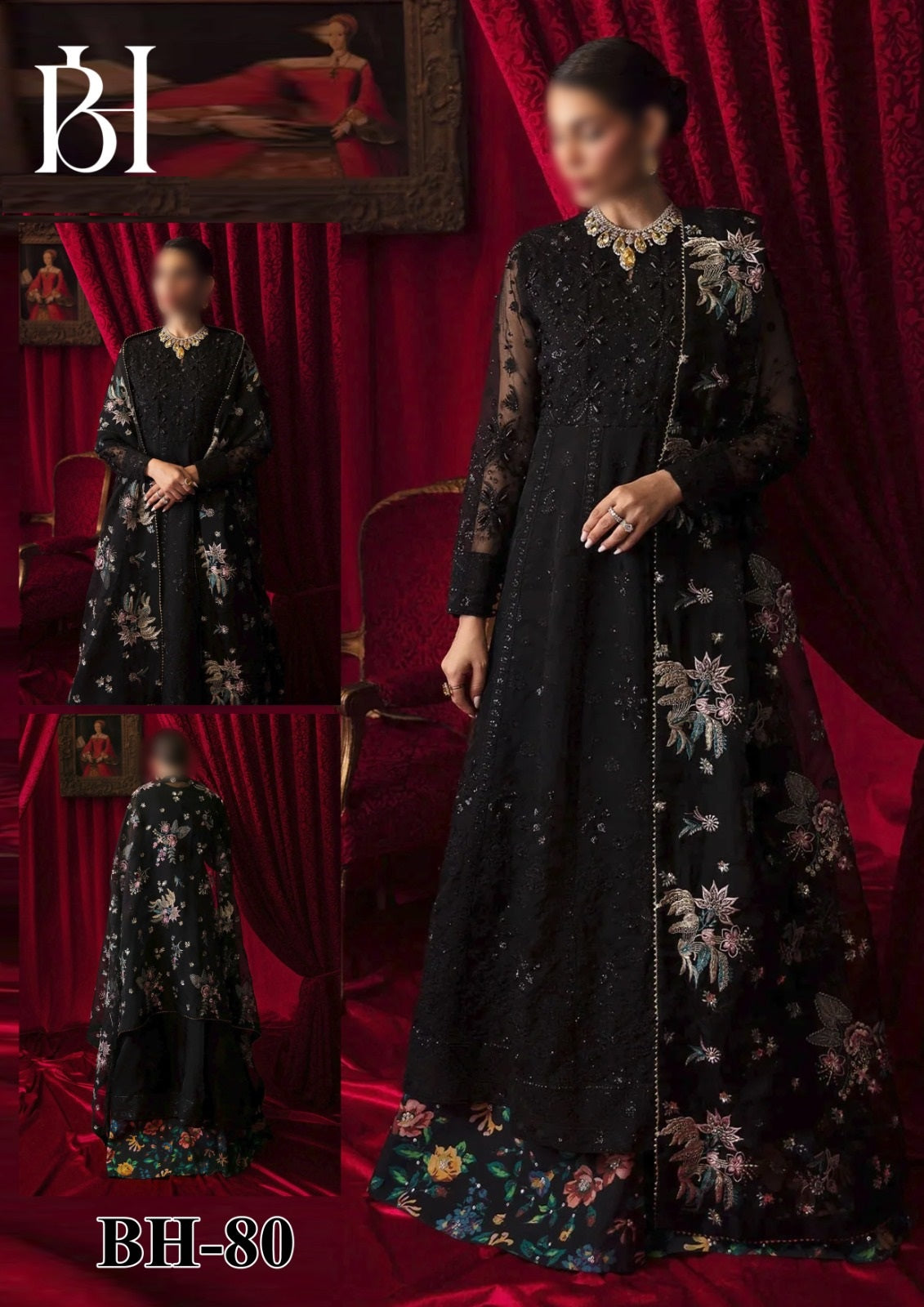 Black floral dress with a red curtain background, featuring the brand 'BH'.