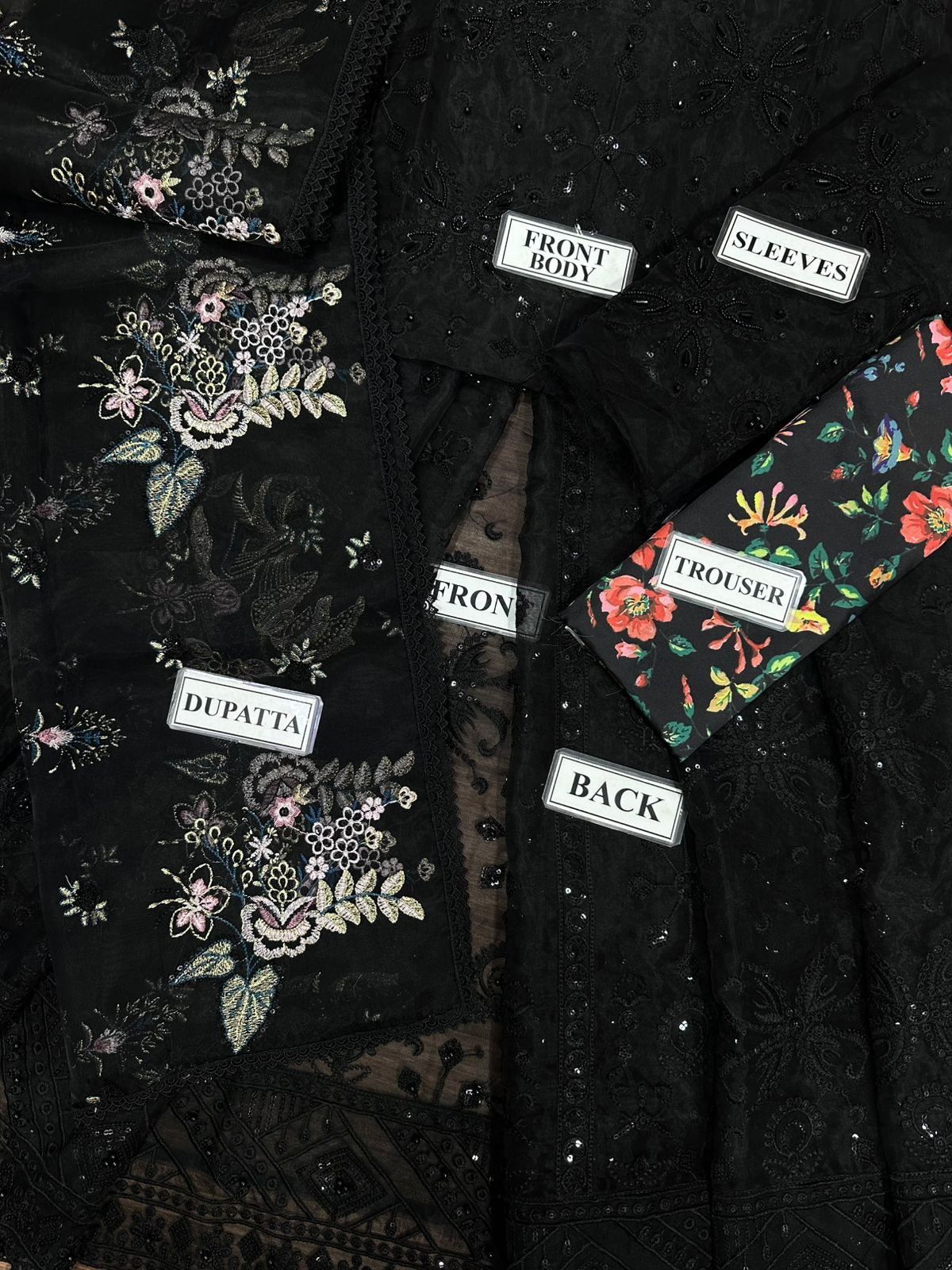 Black embroidered garment with labeled fabric sections on a black background