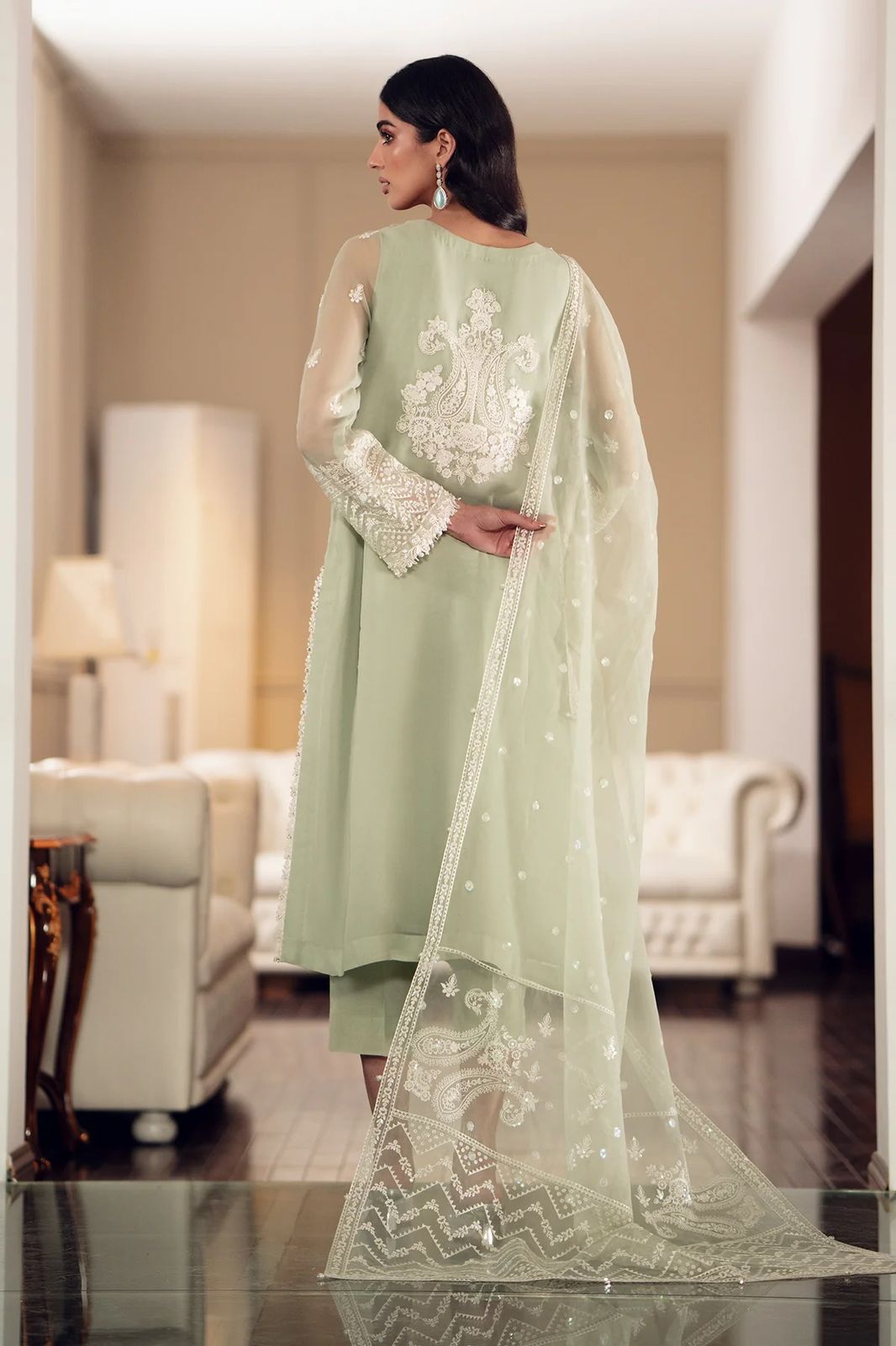 Asim Jofa Light Green Semi Pure Chiffon Pakistani Dress 2025