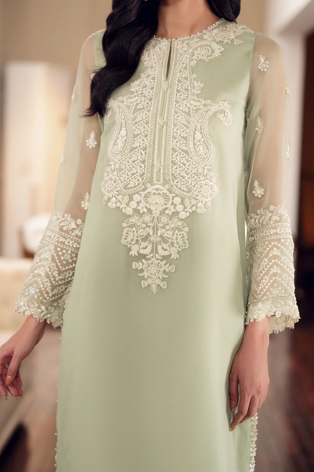 Asim Jofa Light Green Semi Pure Chiffon Pakistani Dress 2025