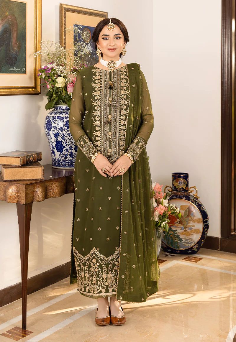 Asim Jofa Mehndi Color Dress Semi Pure Chiffon Pakistani Dress 2025