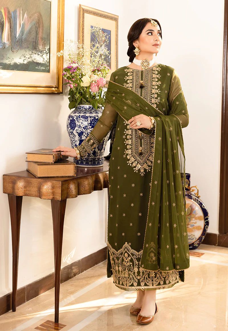 Asim Jofa Mehndi Color Dress Semi Pure Chiffon Pakistani Dress 2025