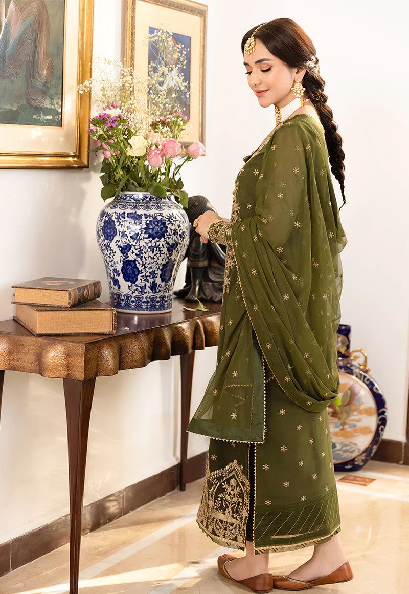 Asim Jofa Mehndi Color Dress Semi Pure Chiffon Pakistani Dress 2025