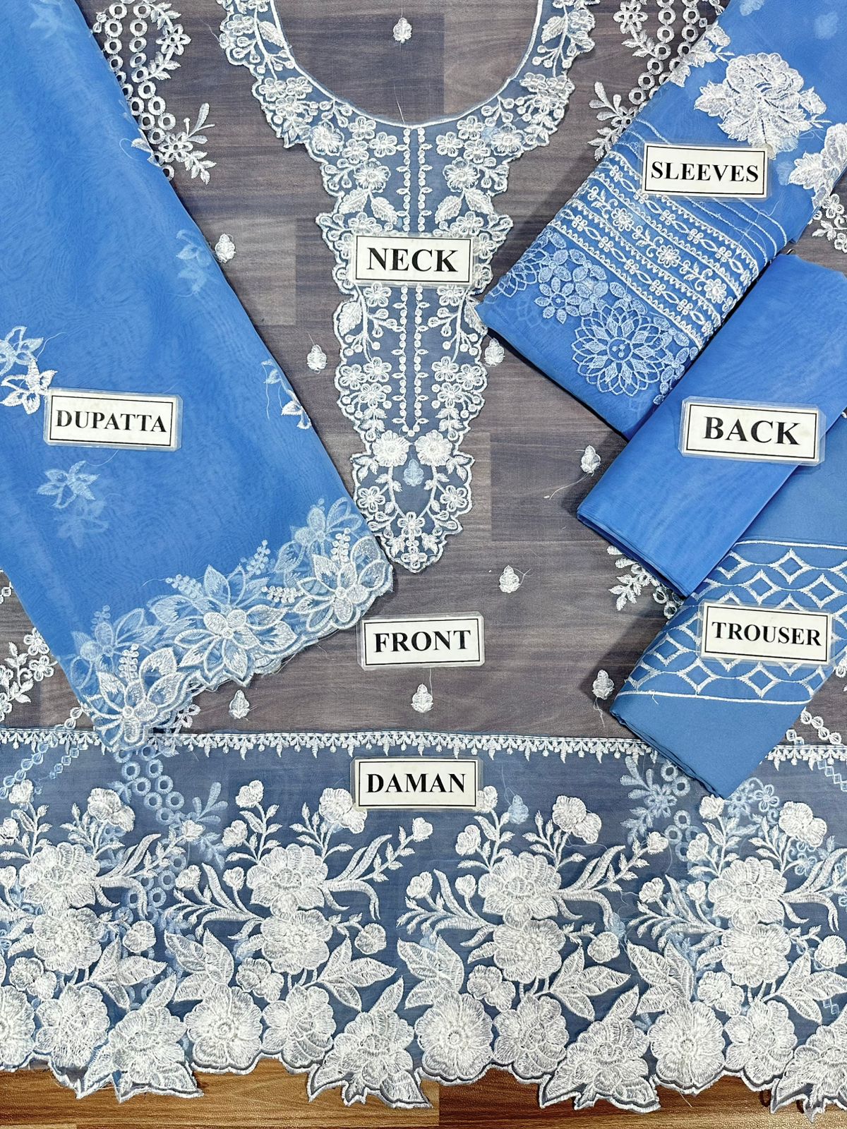 Blue embroidered fabric with labeled parts on a gray background