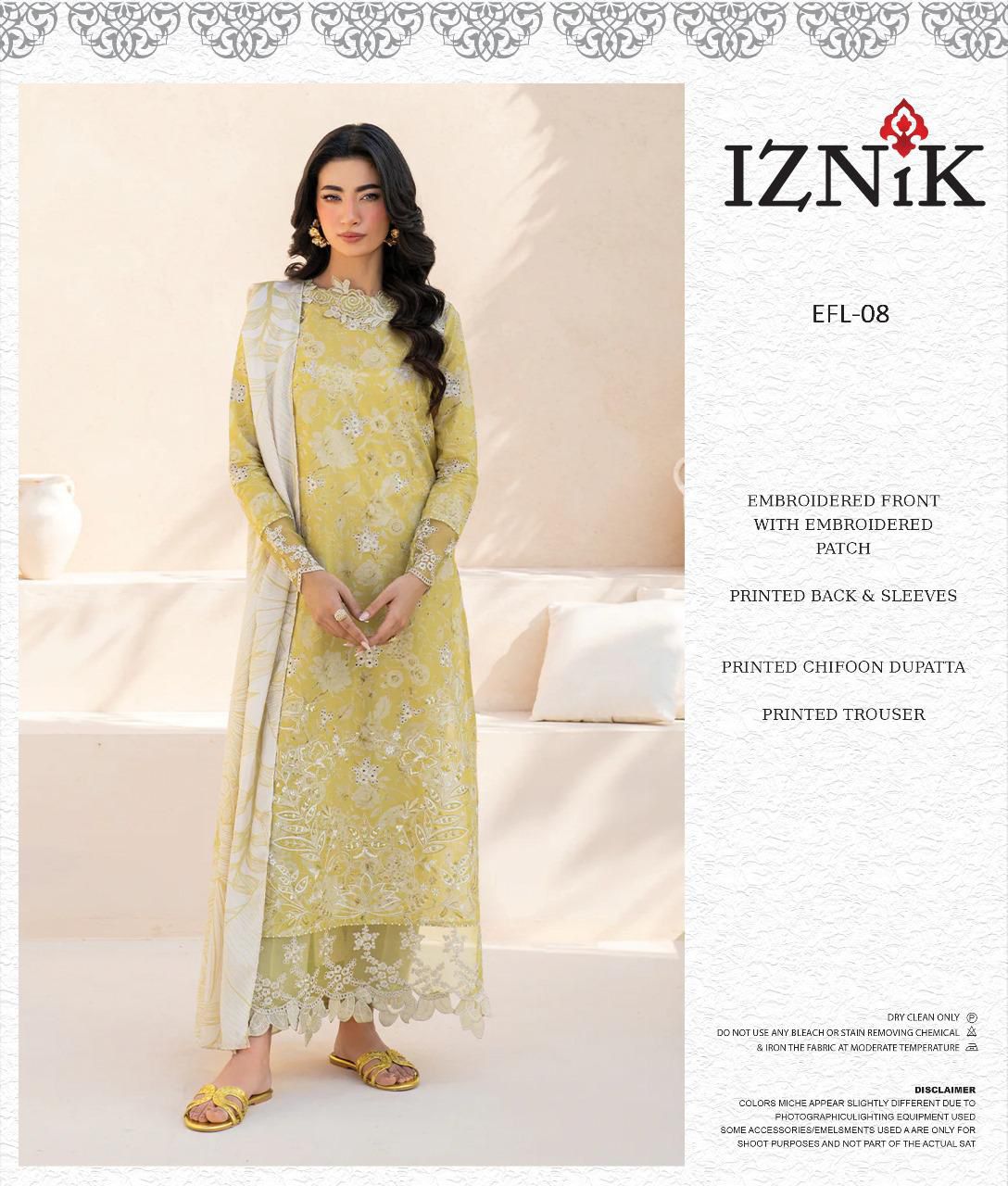 Woman wearing a yellow embroidered outfit with Iznik branding on a beige background
