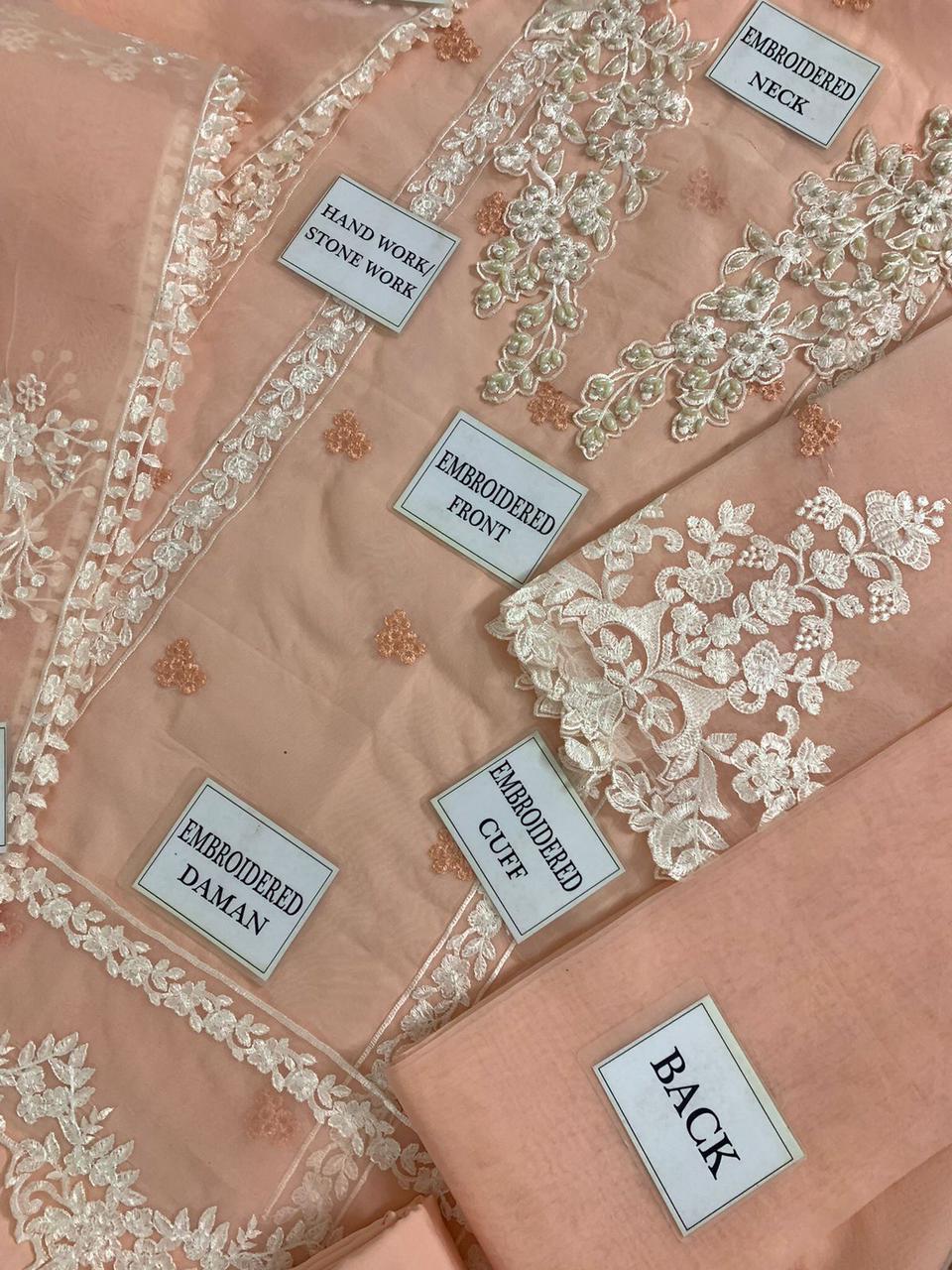 Embroidered fabric with labeled sections on a peach background
