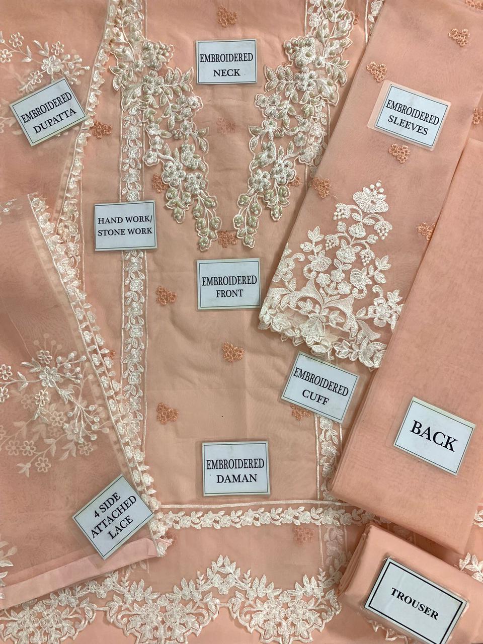 Detailed view of a peach fabric with embroidered patterns and labeled parts.