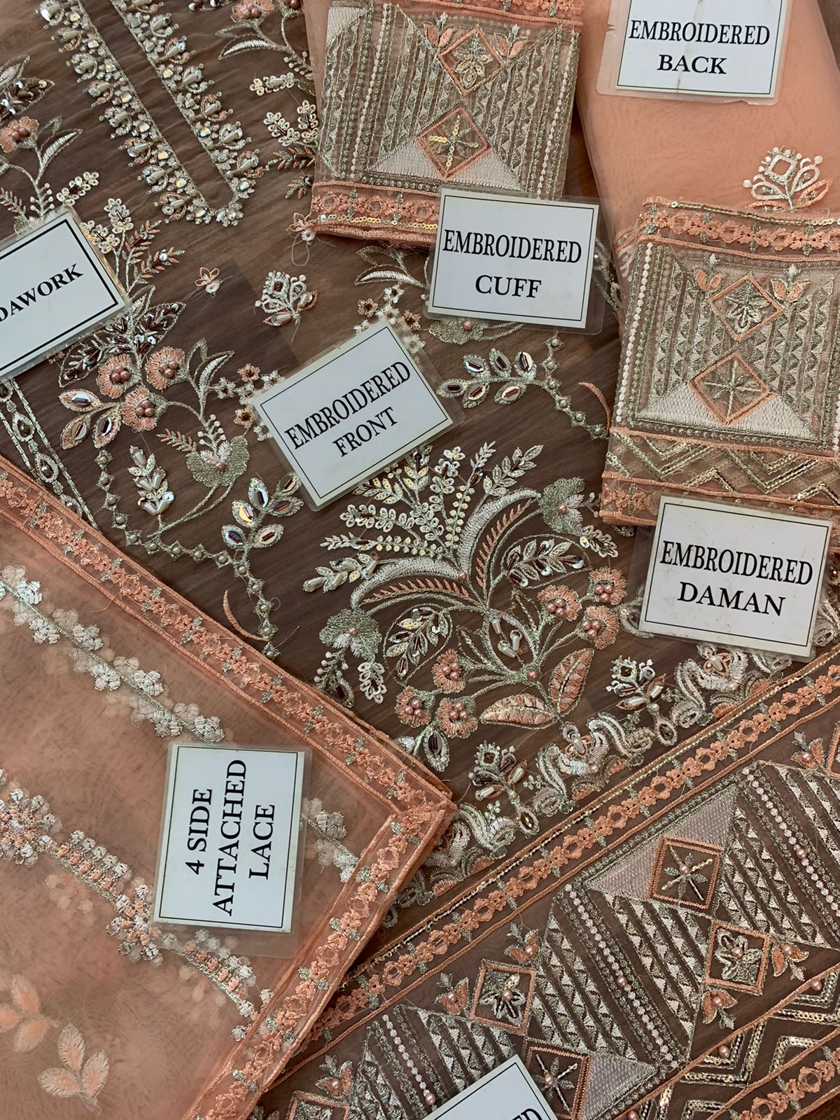 Embroidered fabric pieces with labels indicating different parts of the garment.