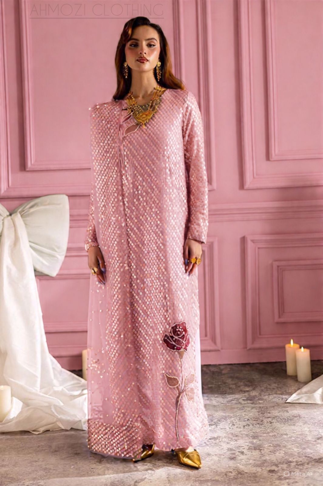 Nure Midnight Pink Wedding & PArty Wear Woman in a pink dress with floral details standing against a pink wall.