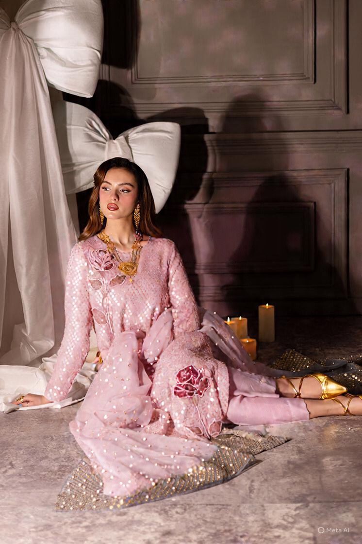 Nure Midnight Pink Wedding & PArty Wear Woman in a pink dress with floral details sitting on a textured surface.