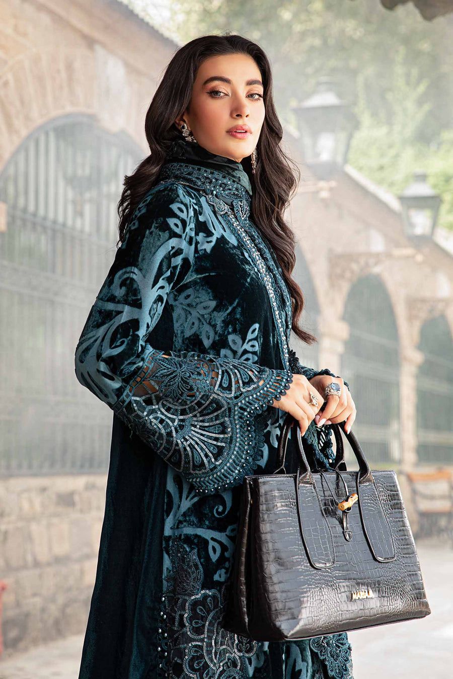 Most Demanding Pakistani Dress Black Zinc VElvet most Hit Dress 2025