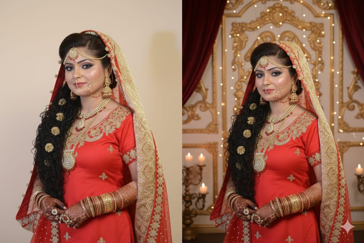 Bride in red saree with gold jewelry and dupatta against a decorated wall.