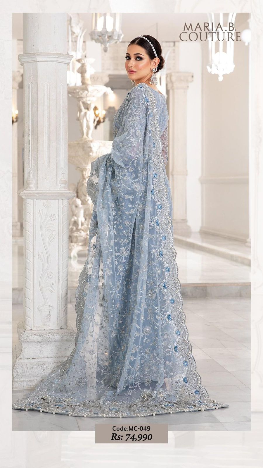 Maria b Wz=03 Bridal Beautiful Saree Exclusive Light Sky Blue Net Fabric 2025