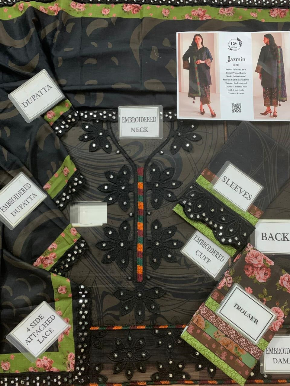 Jazmin 9mm Sequence Black Premium Pure Lawn With Voiel Emb Duppata 26