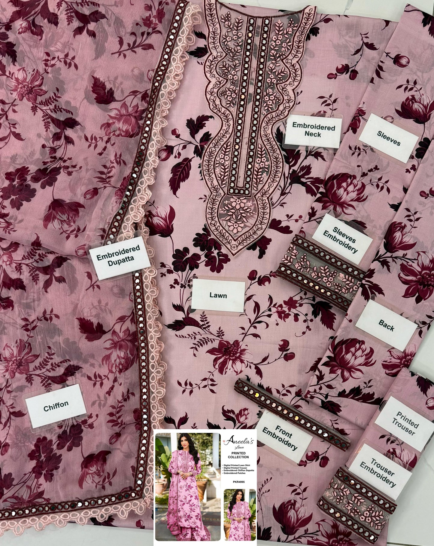 Aneela’s Soft Pink 9mm Seq Premium Pure Luxury Lawn Emb With Chiffon Emb Duppata 25