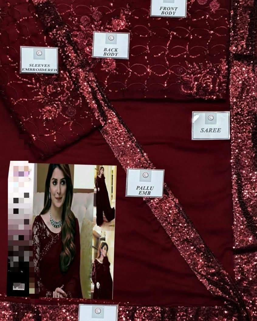 Ayeza Khan Wz-38 Most Demanding Indian Saree Mahroon Beauty Exclusive Chiffon Saree 26