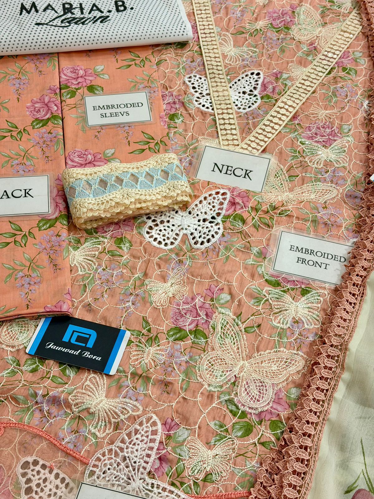 Maria b M Print Wz-26B Butterfly Pink Color Premium Pure Lawn With Chiffon Emb Border Duppata 2026