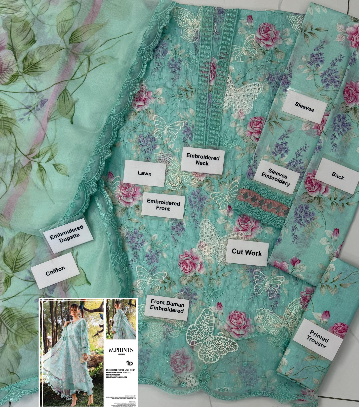 Maria b M Print MP-1D Butterfly Sky Blue Color Premium Pure Lawn With Chiffon Emb Border Duppata 2026
