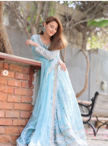 Maryum n Maria Wear By Hina Altaf Sky Blue Most Demanded Maxi Frock Soft Net 26