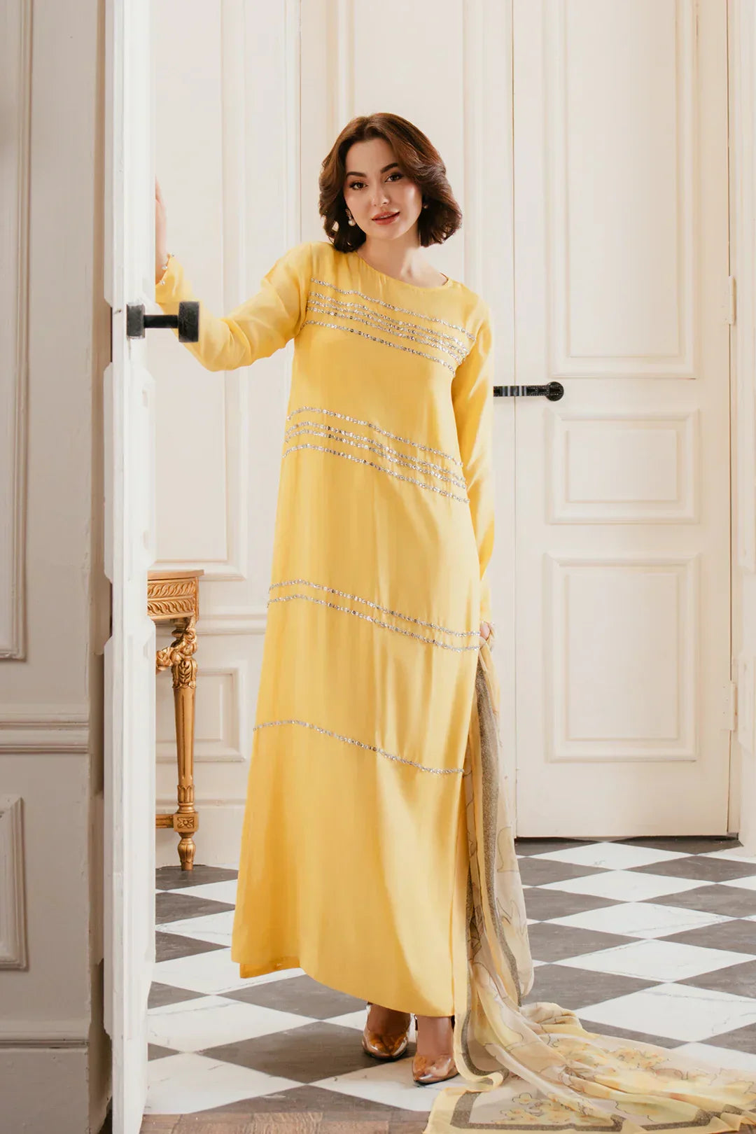 lulusar silk yellow hania amir Pakistani dress  order now