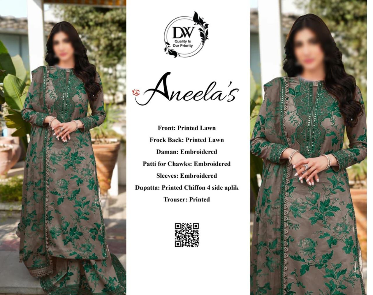 Aneela a green and brown embroidered outfit with 'DV' and 'Aneela's' branding.