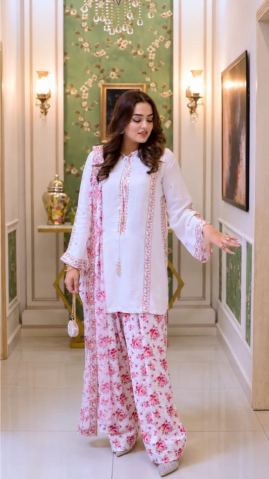 A woman modeling a white three-piece salwar kameez suit with pink floral prints and red embroidery, standing in an elegant hallway with green patterned wallpaper.