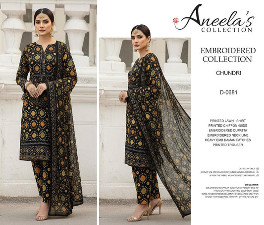 Aneela's D-881 Chundri Dress embroidered outfit with a white architectural background, featuring Aneela's Collection branding.