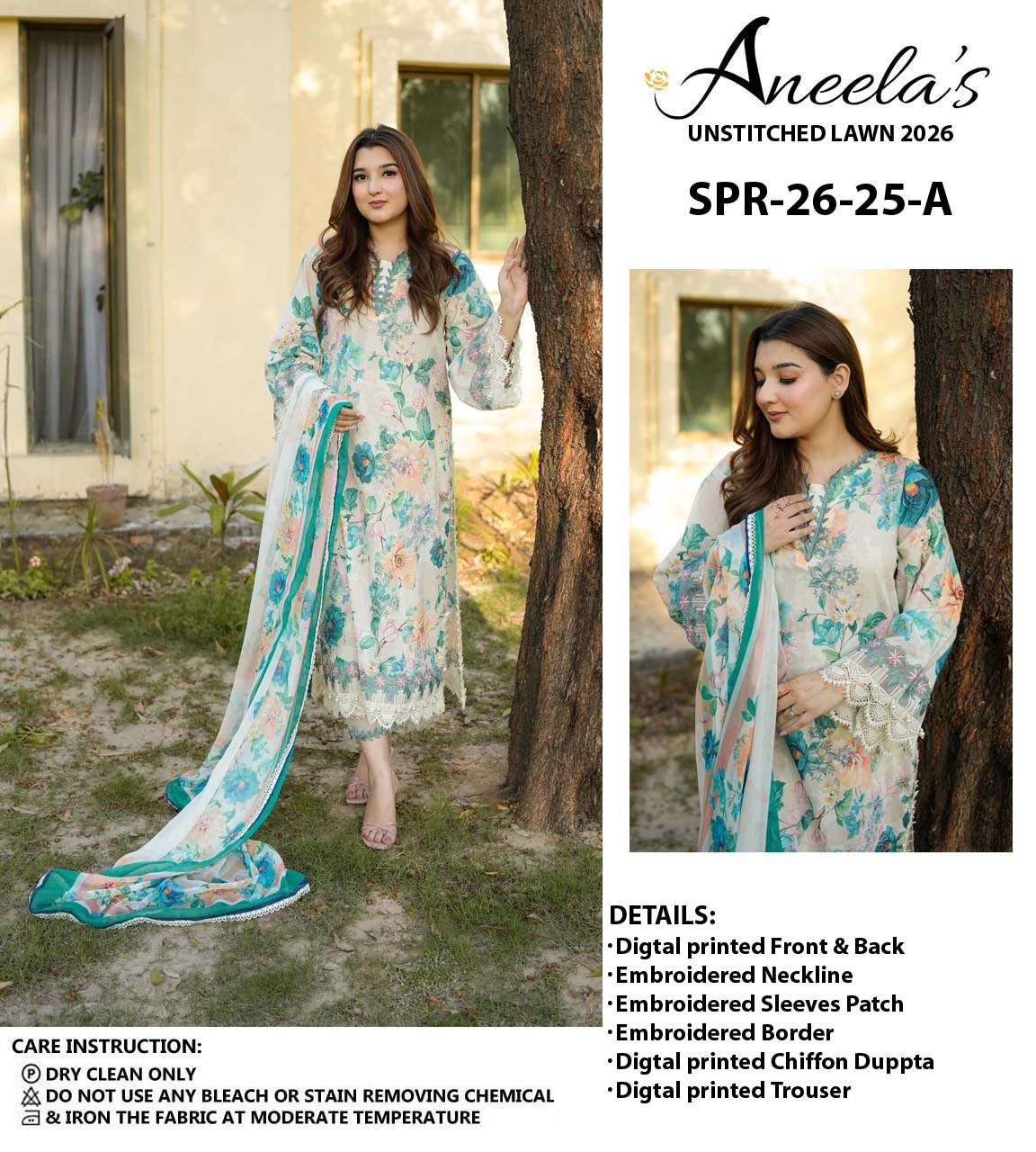 Aneela's SPR-26-25-A Premium Pure Lawn Most Demanding Design 26