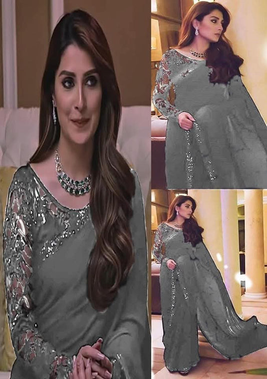 A woman modeling a gray sari with heavily embellished silver sequined sleeves and neckline, shown in a three-panel collage on a beige indoor background.