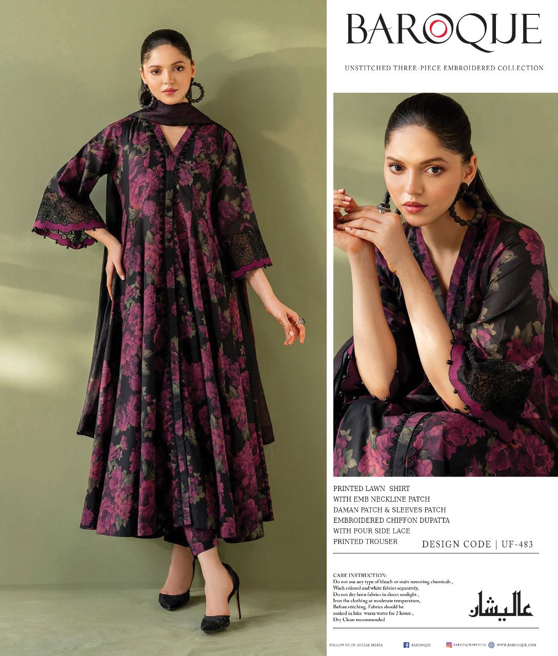 Woman wearing a Baroque embroidered dress with a plain background