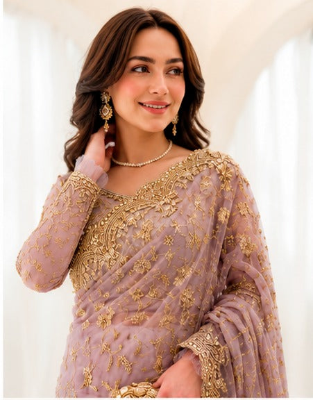 Indian Pink Saree Wz-01 Soft Net Saree Adda Work