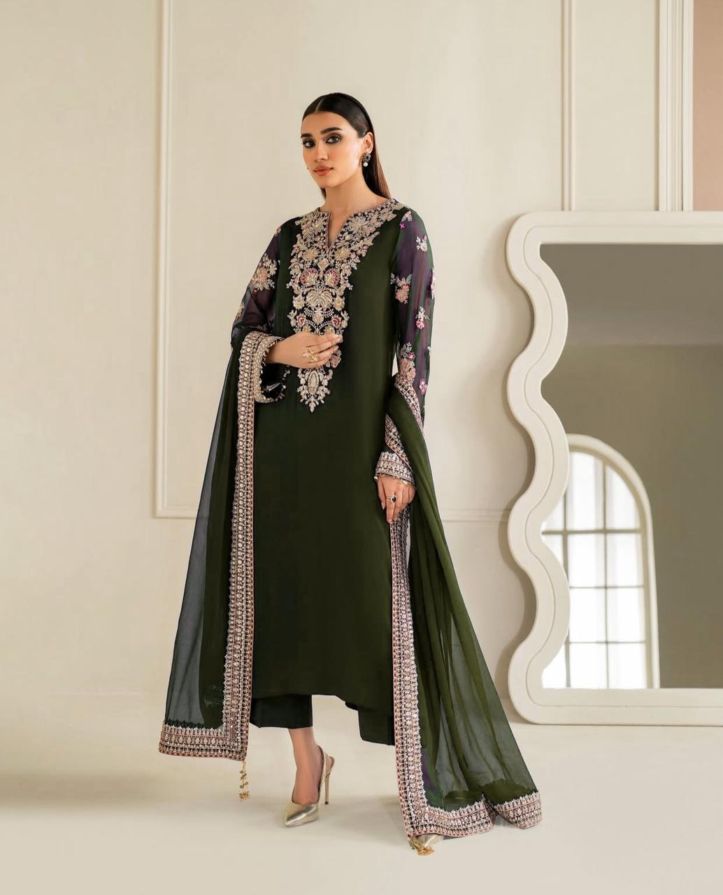 Baroque Wz-3 Mehndi Green Demanding Chiffon Dress 26