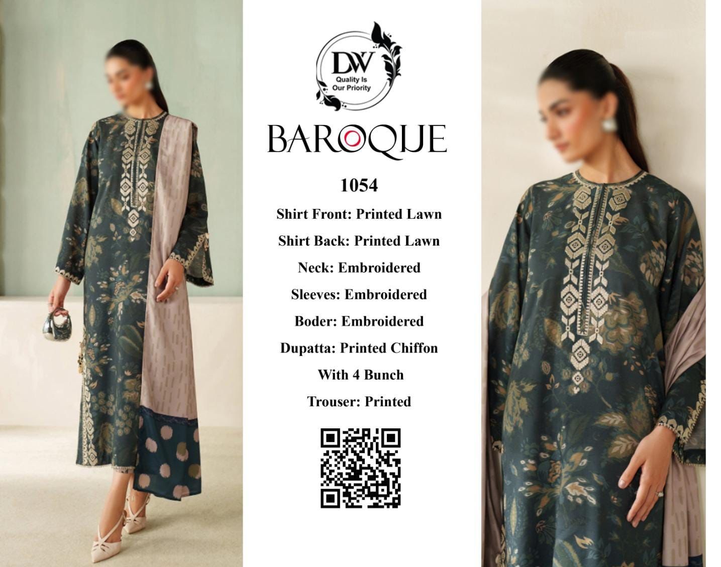 Woman wearing a Baroque outfit with detailed embroidery and printed elements, featuring the brand logo and product details.