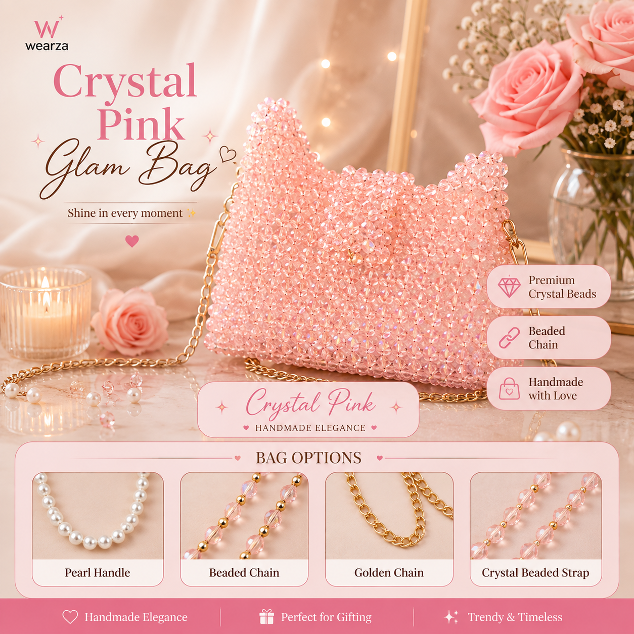 A pink crystal beaded cat-ear shoulder bag with a gold chain strap, displayed on a styled surface with roses, candles, and promotional text overlays. The brand name 'wearza' is visible in the top left.
