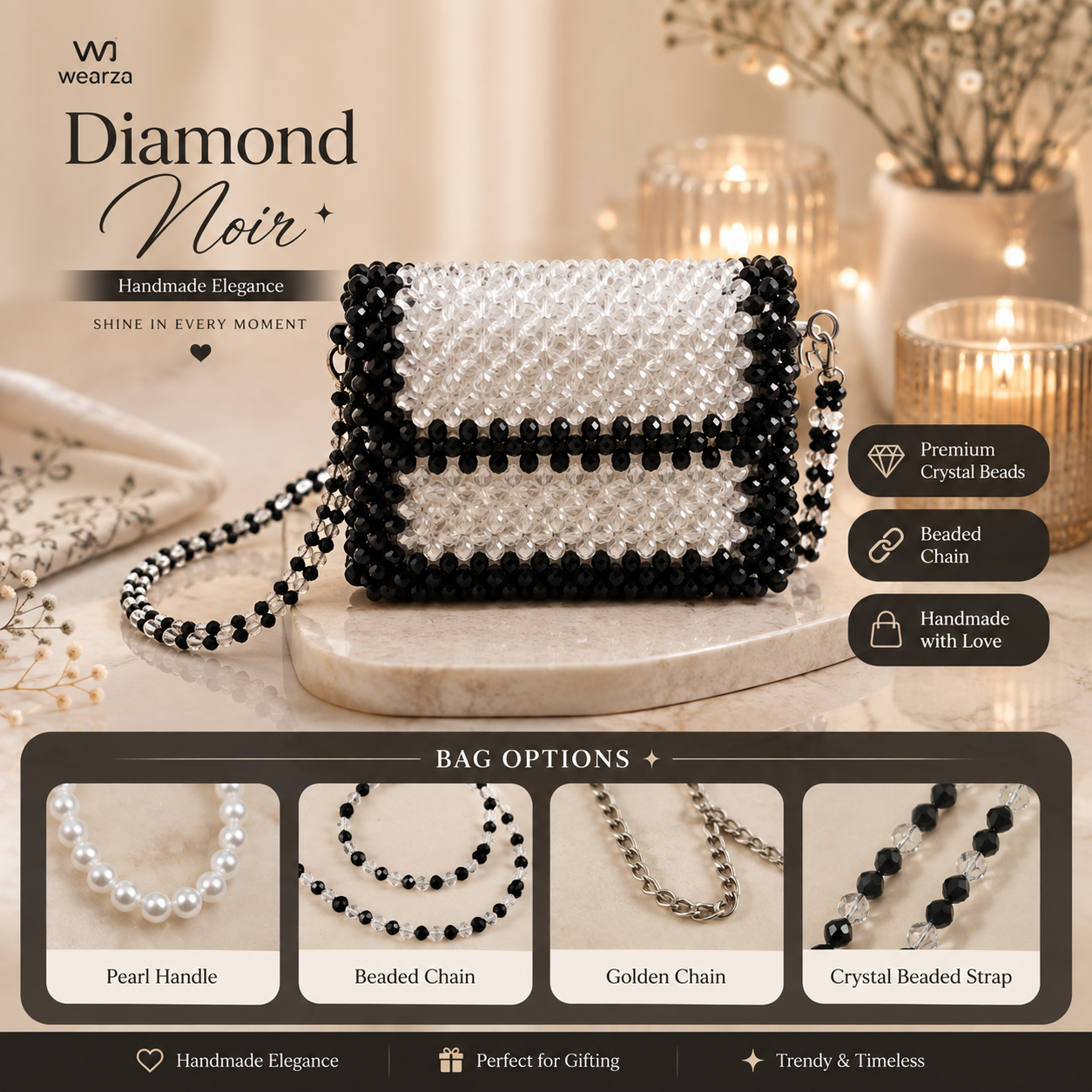 A beaded black and white clutch bag with a beaded chain strap, displayed on a marble pedestal with warm candlelit background. The image includes branding text 'W1 wearz' and 'Diamond Noir', plus product feature callouts and four bag option graphics showing different strap/bead styles.