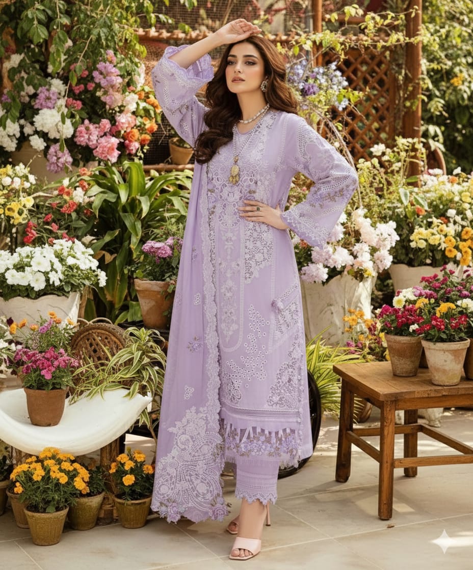 Woman in a lavender traditional outfit standing in a garden with flowers and plants.