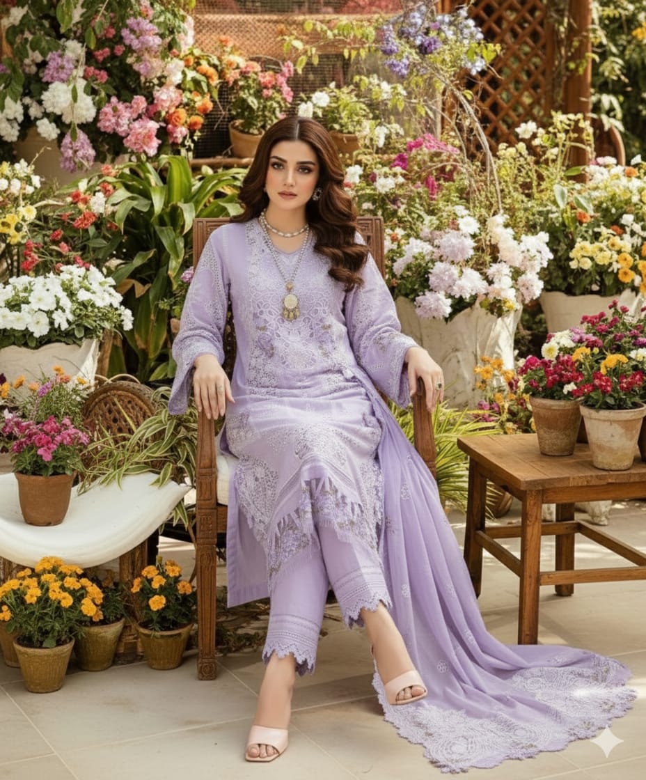 Woman in a lavender outfit sitting among flowers