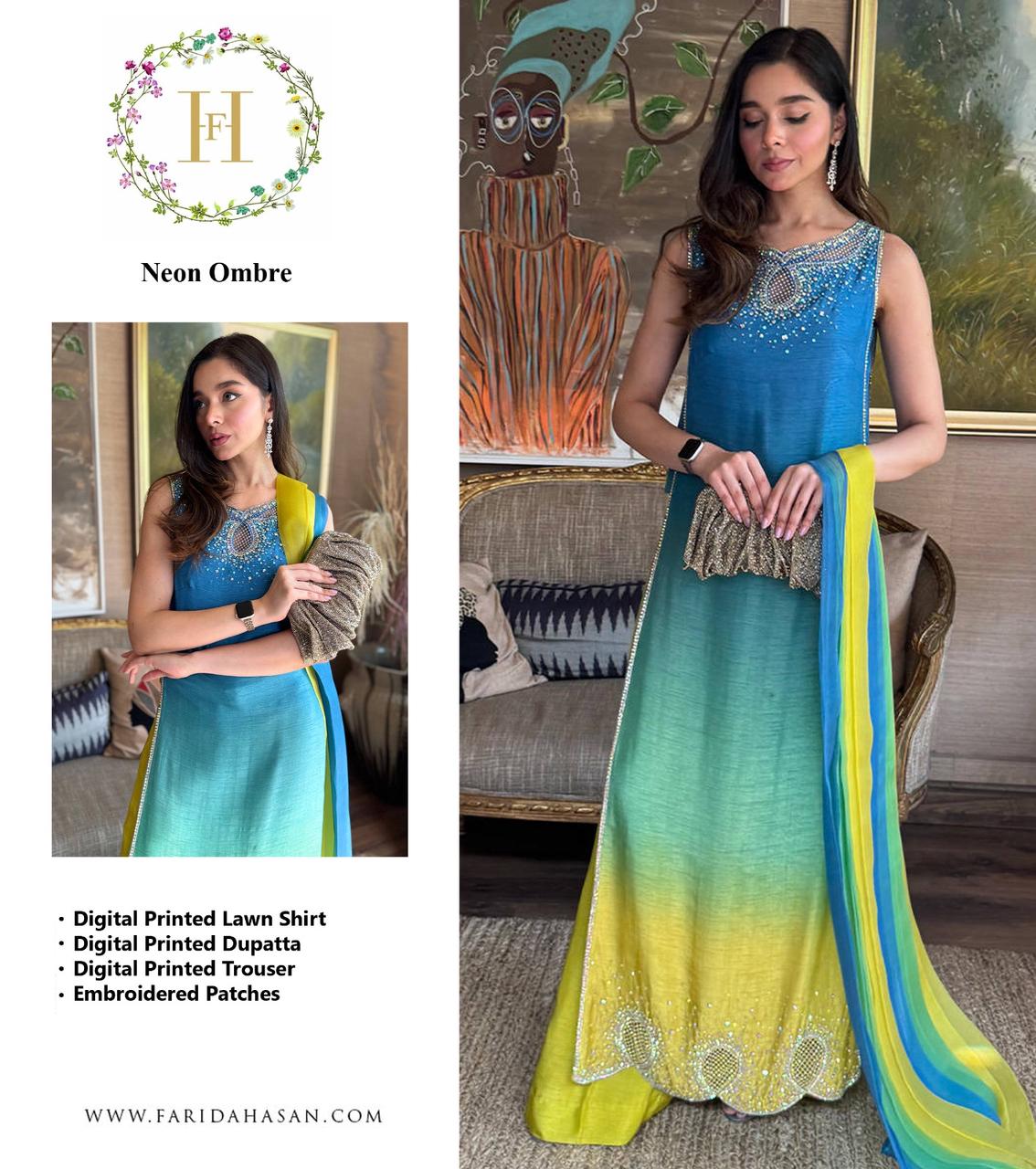 Farida Hassan Wz-3 Neon Ombre Digital Lawn With Bamber Chiffon Duppata 26