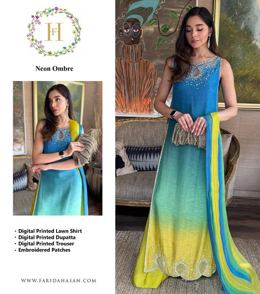 Farida Hassan Wz-3 Neon Ombre Digital Lawn With Bamber Chiffon Duppata 26