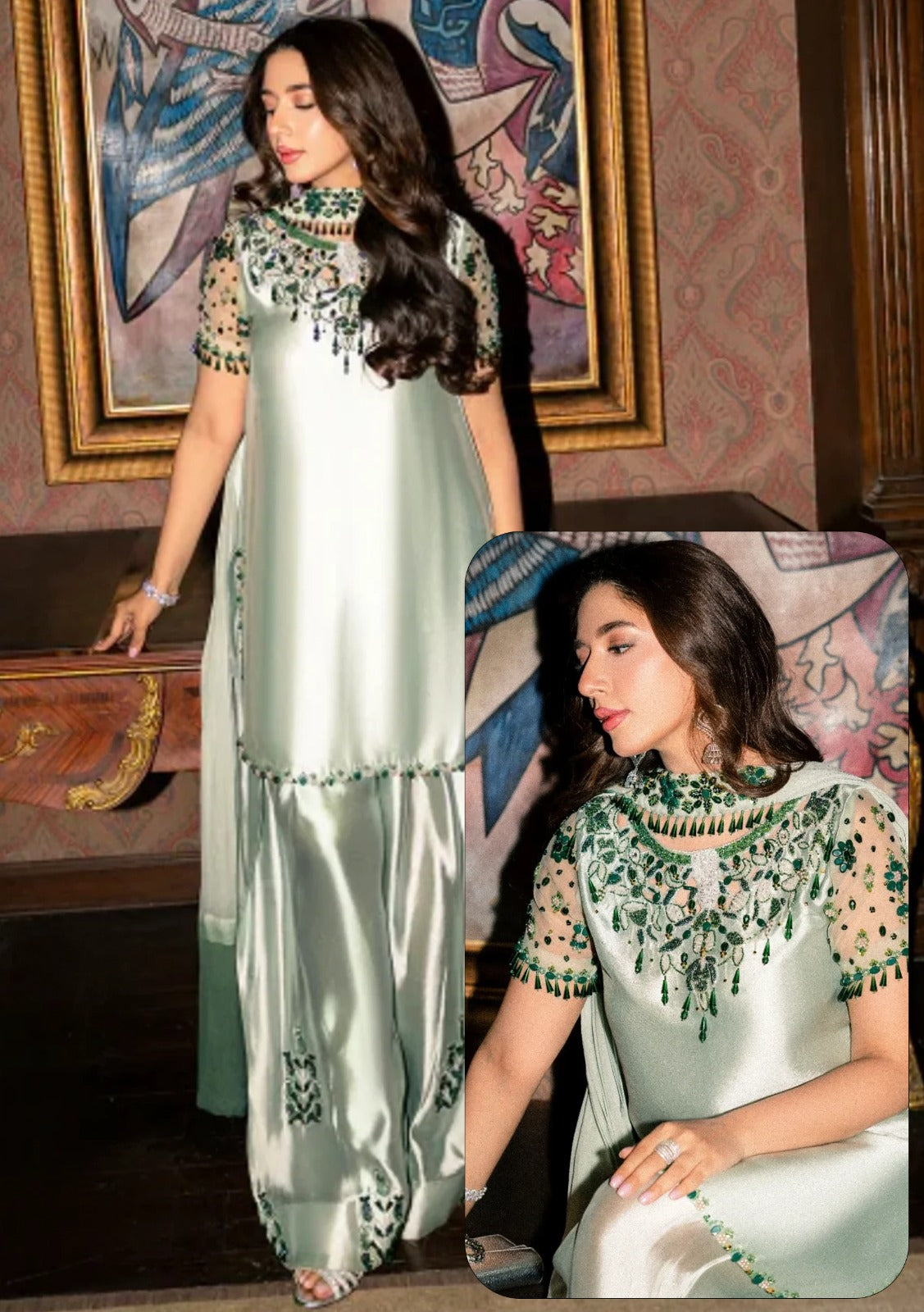 A woman modeling a light sage green satin three-piece traditional outfit with green and black embroidered details, shown in a full-length view and a close-up inset against an indoor background.