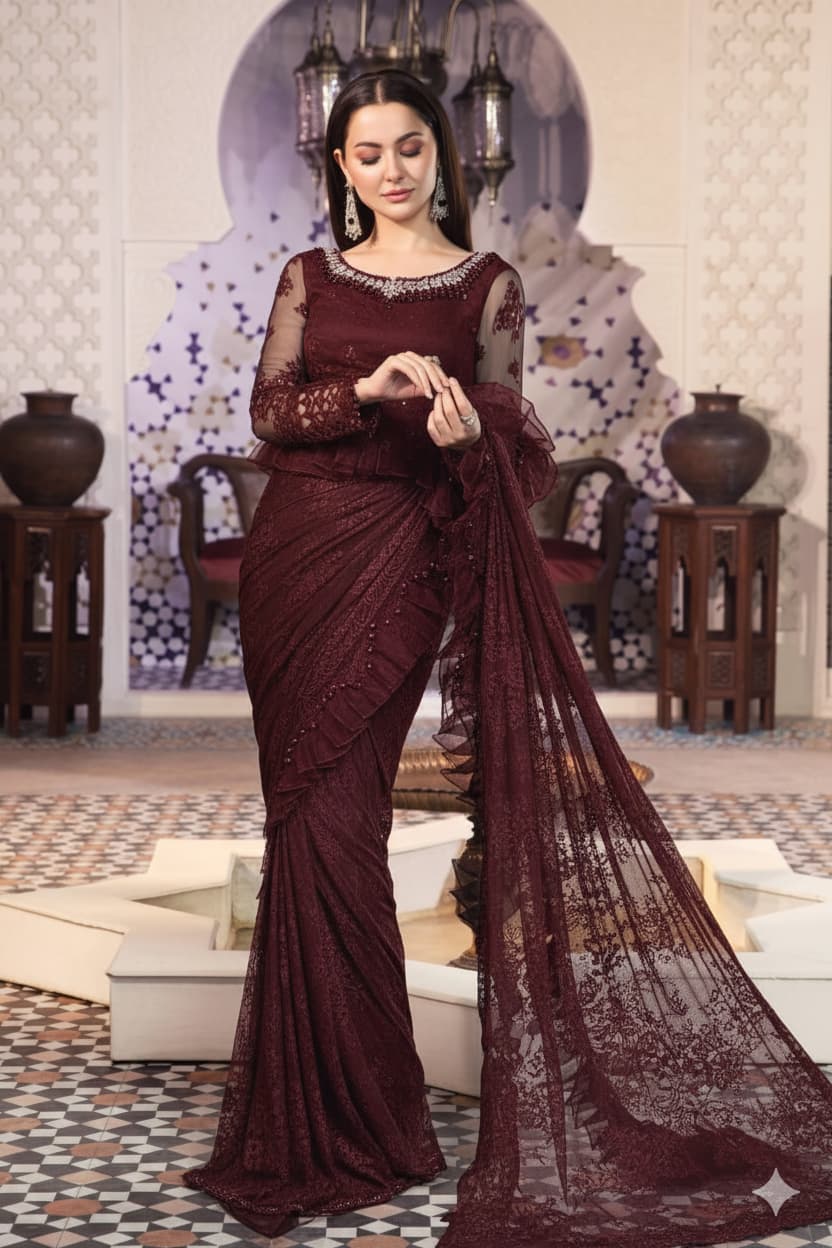 A woman modeling a deep maroon lace saree with sheer long sleeves and a matching embroidered dupatta, posed in an ornate indoor setting with patterned walls and wooden furniture.