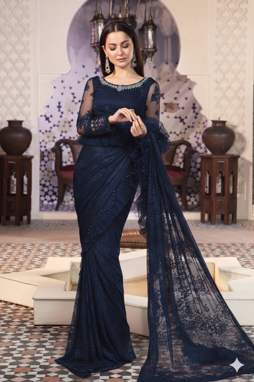 A woman modeling a dark navy blue lace saree with a matching embroidered blouse in an ornate indoor setting with patterned walls and decorative furniture.