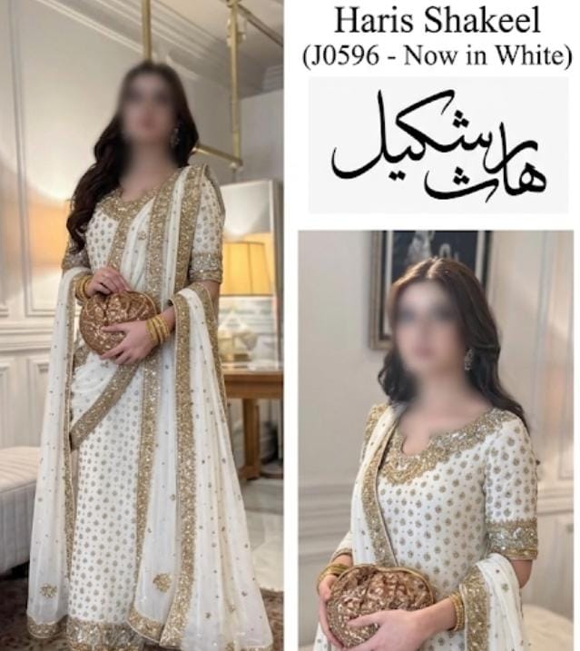A woman modeling a white and gold embroidered traditional outfit with a matching dupatta, shown in a split collage with text reading 'Haris Shakeel (J0596 - Now in White)' and Arabic script. The product appears to be a shawl collar dress or outfit with gold embellishments, but because a real person and indoor room are visible, the correct subject_type is Lifestyle rather than Product/Packaging.